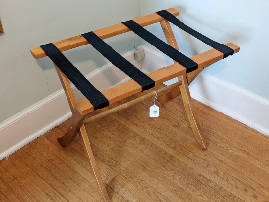 Attractive wooden folding suitcase rack is in good condition and about 28" x 16" x 20" tall.