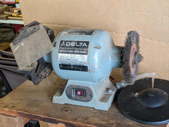 6" Delta bench grinder Model No. 23-680, runs, bearings sound smooth. Comes with wooden stand that