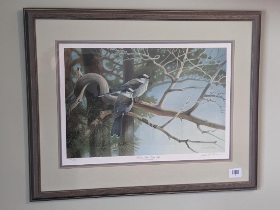 Nicely framed and matted "Whiskey Jacks"-Gray Jays print by John Boettcher is signed and numbered.