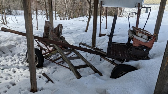 Horse drawn parade buggy frame, other similar frame and a wood deer hunting platform which should