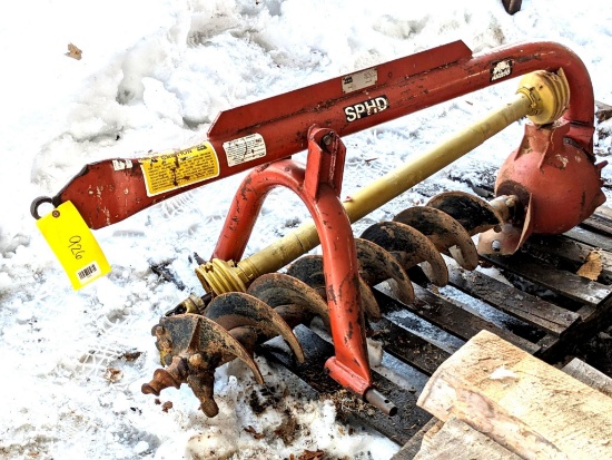 Rhino Model SPHD three-point post hole auger attachment. 10" double helix auger is 3-1/2' long and