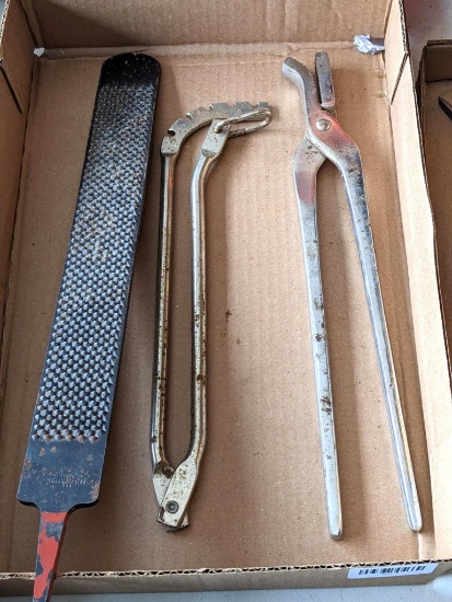 Farrier or leather tools, plus a rasp.