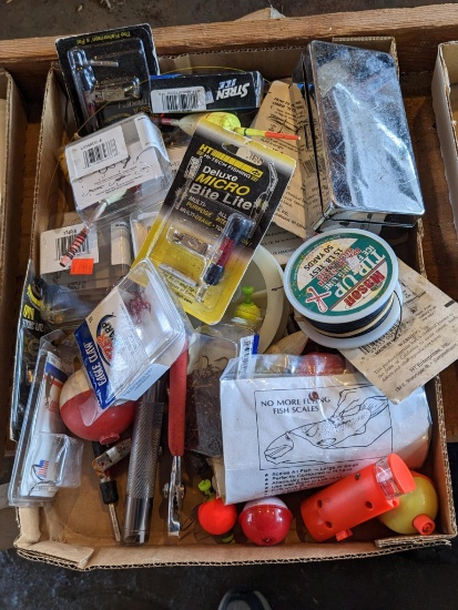 Fishing supplies incl. eagle claw hooks, fishing line, baits, bobbers, and more.