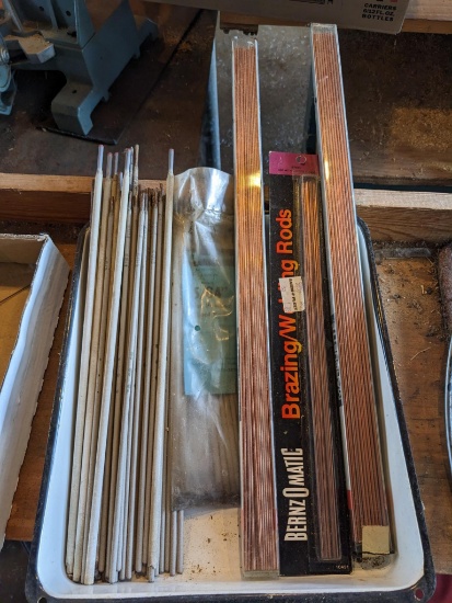 12" galvanized pan full of welding rods, incl. Marquette gas welding rods, 6013 welding rods up to