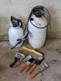 1 gallon Roundup Multi-Purpose sprayer, 2.5 gallon Hudson Sprayer hand labeled Fly Spray, and a