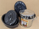 Nice 16 qt stainless steel stock pot with lid and a speckled enamelware roaster about 16