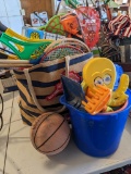 Big beach bag, plus buckets filled with children's outdoor toys including sand toys, bubble blower &