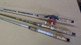 Three vintage looking 2-piece fishing poles. One has a Johnny Walker No. 975 reel, but is missing