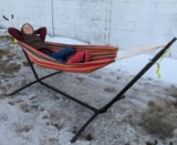 Nice hammock with sturdy stand. Hammock is approx. 8-1/2', stand is 3-1/2' tall and nearly 10'.