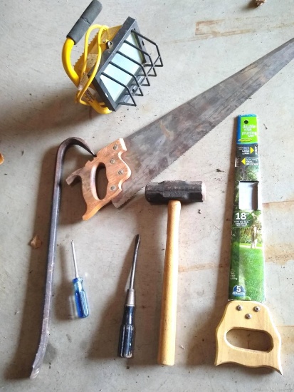 Engineer hammer or hand sledge, carpenter saw, pry bar, pruning saw, footless halogen light.