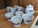Pfaltzgraff bowls, footed bowls, mugs, and a honeypot unmarked but possibly same. Mugs about 4-1/2