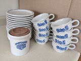 Pfaltzgraff stoneware coffee crock with lid and same cups with saucers and dessert plates. Crock