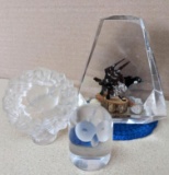 Charming glass art owl, goose or gull prism, and a bird art piece signed as pictured. Largest and