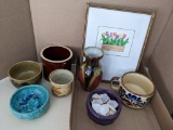 Stoneware and pottery pieces, plus a charming numbered Box Of Tulips watercolor painting by Carolyn