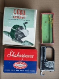 Zebco fish scale, and 3 empty boxes include Osprey Eppinger Dardevle Lure, Shakespeare Fine Fishing