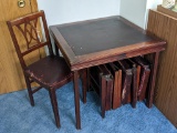 Really cool antique card table with four folding chairs is in overall good condition. All are fairly