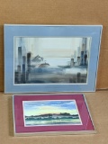 Two nicely framed and matted watercolor paintings are unsigned. Larger measures 18
