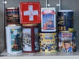 Popcorn and other tins including Terry Redlin, Norman Rockwell and more. Tallest tin is 10
