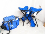 Pair of Shakespeare fold-up pack stools, cooler bag, water bottles, and fanny pack.