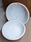 Two cheery red and white enameled bowls are 12-1/2
