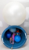 Heavy duty tub with throw handles is nearly 2' across, is full of kid's balls and more!.