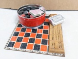 Vintage checkers board, cribbage board with 6 pegs, two decks of cards. Checkers board about 12