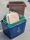 Rubbermaid Roughneck garbage can with lid stands 2-1/2'; one Rubbermaid tote and an older-style