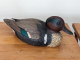 Green-Winged Teal drake duck figure is signed by R. Guge. Wooden duck in pretty good condition,