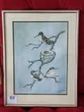 Sweet bird and nest watercolor painting by Nicolaus. Signed on back. Nicely framed and matted, about