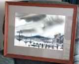 Striking wharf and ship watercolor painting by Doris White is nicely framed and matted and in good