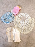 Lace collars, ladies gloves, mittens, handkerchiefs, sleeping cap.