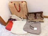 Vintage and newer woven purses and bags. Largest is 17