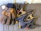 Pair of broken in Kinco gloves and several alligator clamps by Stanley and other; plus an Irwin