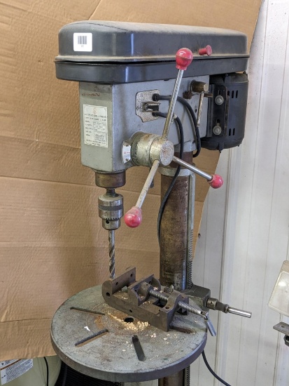 16 speed drill press has a 3/4 hp motor and a 5/8" capacity. Runs. About 64" tall overall. Base can