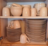 Attractive neutral tan dish set incl 26 dinner plates, 22 dessert plates, 16 bowls, and 8 mugs.