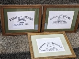 Three nicely framed and matted printed papers of John Deere tractor of Moline ILL. logos. Largest