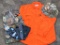 Blaze orange Mountain Prairie button-up shirt size L, knife sheaths, nice camouflage fedora, and