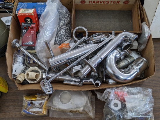 Lots of plumbing pieces, box of RF-1 inflation and relief retrofit valves, Rawl Rawplugs, neat old