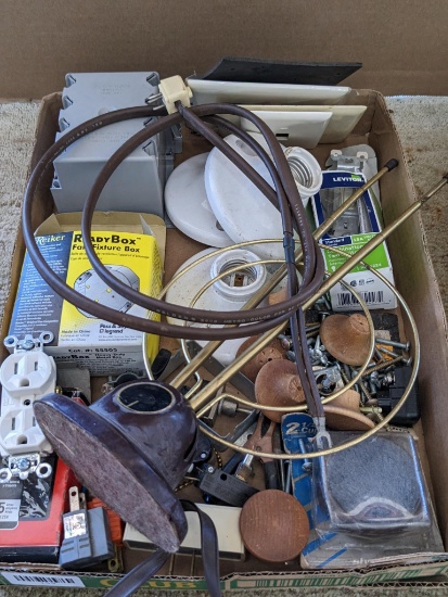 Electrical supplies incl. outlets, boxes, covers, and a vintage TV or similar antenna with what