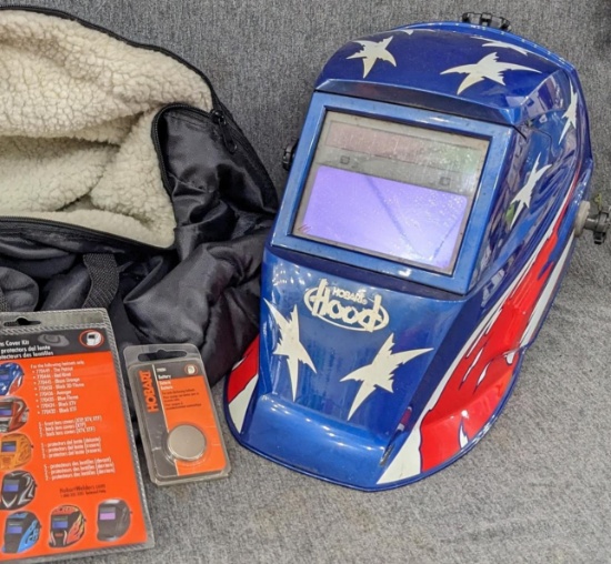 Hobart Hood "Patriotic" XVP series auto-darkening welding hood appears in good condition and