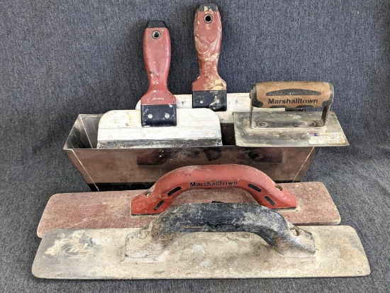 Marshalltown flatwork concrete mag, 14" stainless steel mud box, 10" mud knives, and other