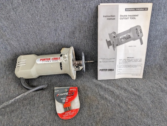 Porter Cable Double Insulated Cutout Tool model 7499 runs at 28,000rpm. Also includes eight 1/8"