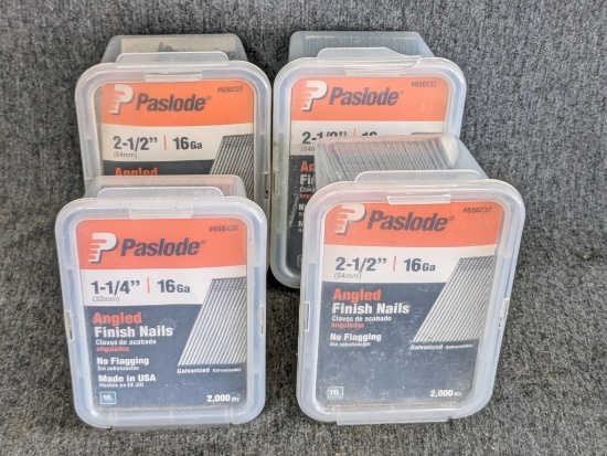 Paslode angled 16 gauge finish nails range from 2-1/2" to 1-1/4", most boxes are mostly full.
