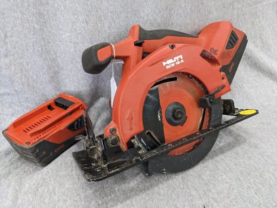 Hilti SCW 18A cordless circular saw is in nice condition and includes two B 22/5.2 Li-Ion 21.6v