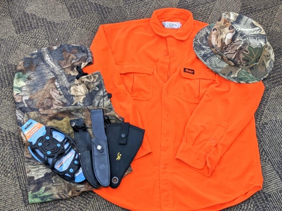 Blaze orange Mountain Prairie button-up shirt size L, knife sheaths, nice camouflage fedora, and