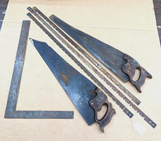 No Shipping. Two crosscut saws, framing square, pruning saw blades - longest measures 3-1/2'