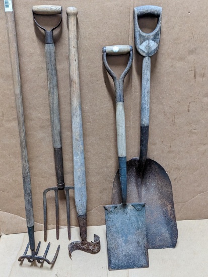 Two potato forks, shovels, more. All the tools have good tight handles.