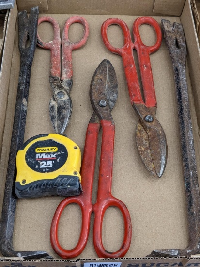 Tin snips up to 12-1/2", Stanley Max 25' tape measure, two 17" Stanley 55-818 ripping chisels.