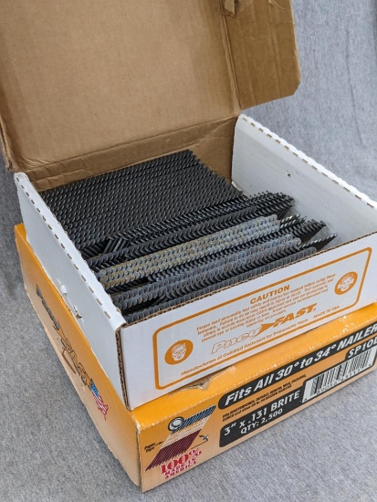 PneuFast branded nails for pneumatic nail guns ranging from 30 to 34 degrees. The two boxes are