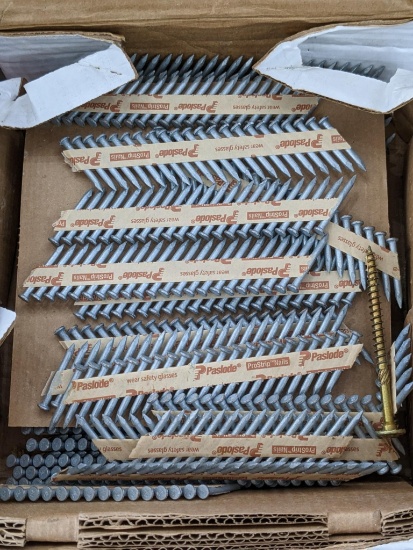 Paslode Positive Placement galvanized P10 smooth shank nails, 1-1/2" x .148. The box is over half